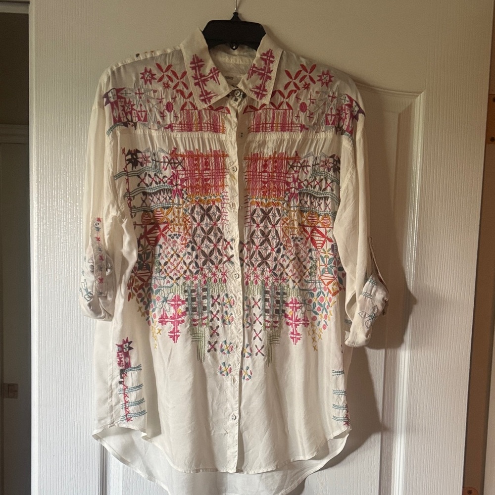 Johnny Was Multicolor Embroidered Button-Down Shirt